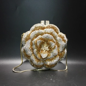 Exquisite rose-shaped evening clutch bag with handcrafted gold and silver rhinestones