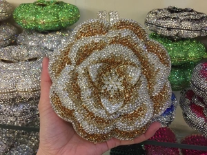 Exquisite gold and silver rose crystal evening clutch bag with sparkling rhinestones