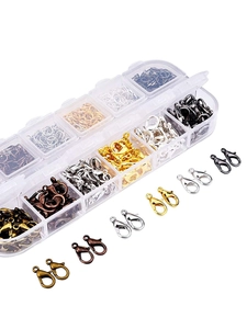Detail of 960pcs lobster clasps and jump rings in a 12-grid organizer box for DIY jewelry