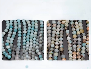 Detail view of amazonite beads comparing smoothness, luster and purity of stone quality