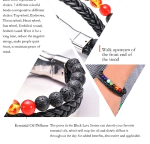 Detail views of 7 chakra lava stone leather bracelet with magnetic clasp on model