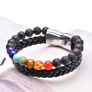 Detail of 7 chakra stone and lava rock double-layer leather bracelet with magnetic clasp
