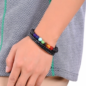 Chakra stone and lava rock double-layer leather bracelet worn by a model on wrist
