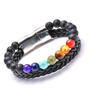 Detail showing lava rock beads, seven chakra stones, and braided leather with silver magnetic clasp