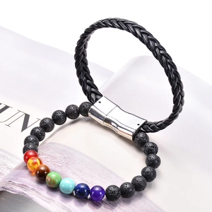 Detail of 7 chakra stone and lava rock bracelet set with magnetic buckle and braided leather