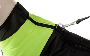 Detail of dog winter vest with integrated D-rings for leash attachment and back zipper