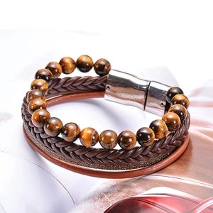 Bracelet multi-rangs en pierre oeil de tigre et cuir tressé avec fermoir aimanté