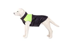 Detail view of winter pet jacket featuring a leash attachment ring and quilted waterproof fabric