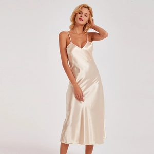 Nuisette En Satin Pour Femmes Col En V Sans Manches Robe De Nuit Longue Élégante Sexy Loungewear Doux Soyeux