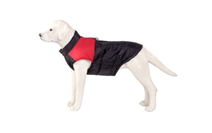 Detail view of red and black dog winter vest with metal D-ring for leash attachment