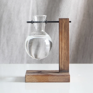 Detail of clear glass bulb vase suspended on a vintage wooden stand for hydroponic plants