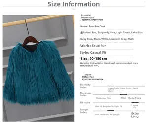 Detail shot of plush faux fur girls' coat in dark cyan showing soft texture and size chart