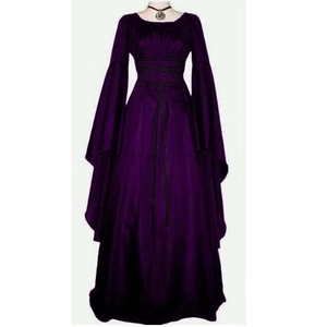 Detail of medieval vintage purple dress with flared sleeves and black lace-up waist corset