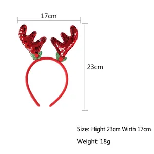 Detailed view of red sequin reindeer headband with dimensions H 23cm and W 17cm