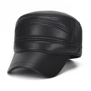 Men Winter PU Leather Flat Top Hat With Ear Flaps Warm Windproof Military Cadet Cap Adjustable Outdoor Vintage Style