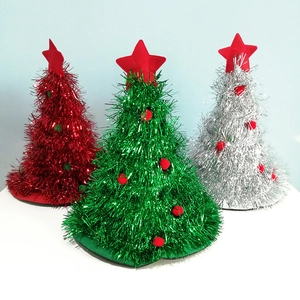 Creative Christmas Tree Shape Hat With Tinsel Star Topper Pompom Non-Woven Fabric Glowing Novelty Costume Accessory For Xmas Party Celebration Decor