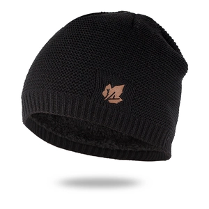 Detailed view of the thick fleece lining and knit texture of this men's maple leaf beanie