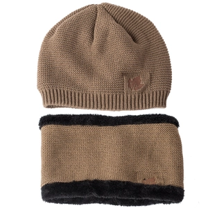 Detailed close-up of brown knit beanie and neck warmer with thermal fleece lining