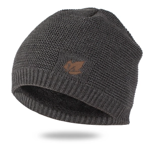 Detail of grey winter beanie showing brown maple leaf patch and warm fleece lining