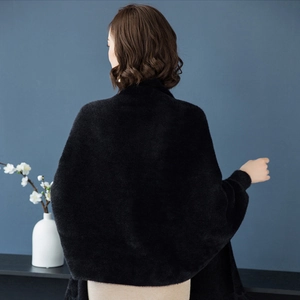 Elegant black faux mink fur shawl wrap with sleeves for women winter cape cardigan coat