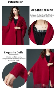 Detail view of red faux mink fur cape with elegant tassels and ribbed sleeves for women