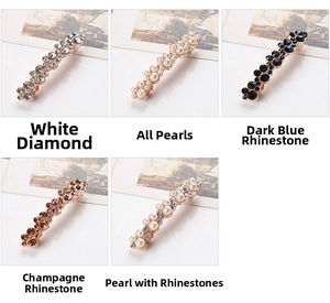 Detail view of five pearl and rhinestone hair clips in gold alloy settings