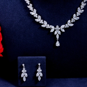 Elegant silver necklace and earrings set with marquise-cut cubic zirconia for weddings