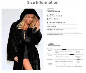 Detail view of hooded faux fur coat with fabric texture and care instructions chart
