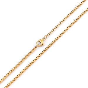 Polished gold stainless steel box chain necklace with spring clasp on white background