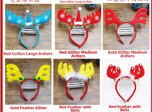 Detail view of assorted Christmas reindeer antler headbands with sequins and bells
