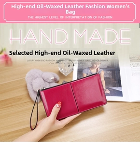 Deep rose red long wallet in glossy oil wax leather with wristlet and secure zipper