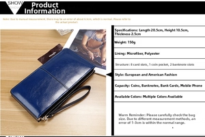 Detailed view of blue long wallet dimensions 20.5x10.5x2.5cm with multi-card slots
