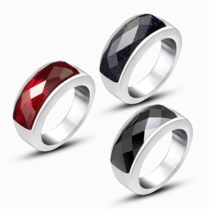 Men Wide Band Stainless Steel Ring Faceted Rectangular Gemstone Blue Sandstone Inlay Punk Style Statement Jewelry