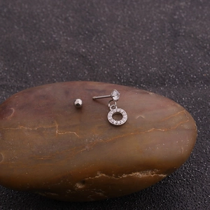 Silver stainless steel stud earring with micro-paved zircon ring pendant and screw back