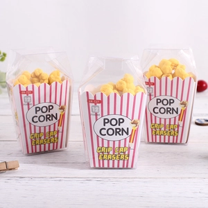 Creative popcorn-shaped grip cap eraser set in red and white striped packaging box