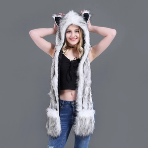 Husky style faux fur hooded scarf and glove set with cute ears and warm pockets