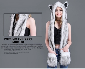 Close-up of faux fur animal-themed hood with wolf ears and integrated scarf with pockets