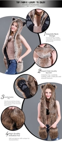 Close-up of fluffy faux fur hooded scarf with animal ears and paw print gloves details