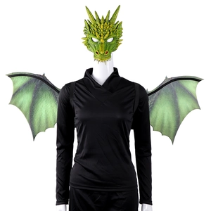 Green dragon costume set with detailed head mask and wings for Halloween cosplay party