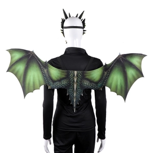 Detailed back view of a green dragon costume set featuring wings and a textured mask