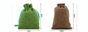 Detailed size comparison of linen drawstring pouches in green and brown fabric