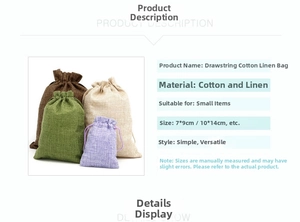 Detailed size chart for cotton linen drawstring bags in 7x9cm and 10x14cm dimensions