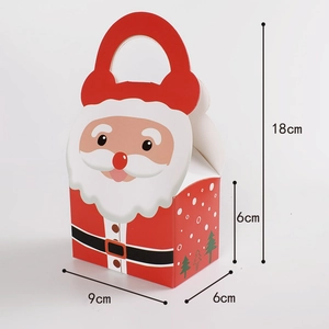 Detail of red Santa Claus candy gift box with size dimensions 18x9x6cm and handle design