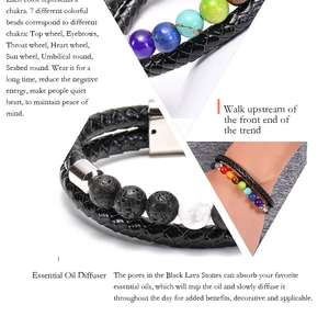 Dettaglio del bracciale in pelle e pietra lavica con sette perle chakra e chiusura