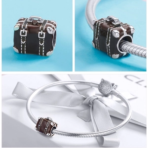 Vintage suitcase style 925 silver bead with brown enamel for DIY charm bracelets