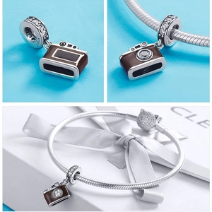 S925 sterling silver brown enamel camera charm pendant on a silver snake bone bracelet