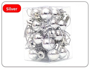 Detail of boxed mini 2cm silver Christmas balls with glossy finish and hanging loops