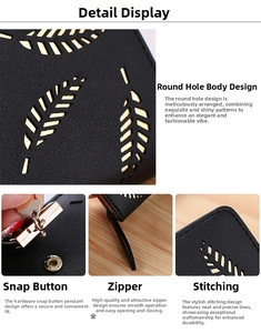 Close-up of black leather wallet showing gold leaf cutout, zipper, and stitching details