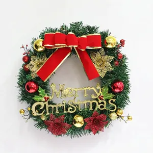 Christmas Wreath Artificial Pine With Red Bow Gold Flowers Merry Christmas Sign Festive Front Door Wall Hanging Decor