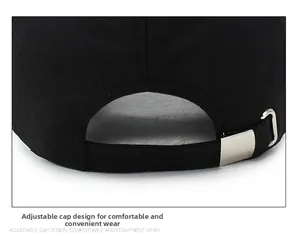 Detail of adjustable metal buckle and strap on the back of the black cotton baseball cap